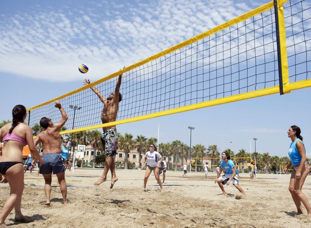 Many European beach towns also embrace volleyball culture.