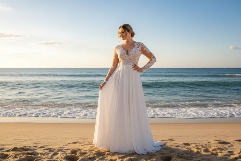 Bohemian beach wedding dress with lace details and flowing sleeves beside the ocean. Beach Dresses