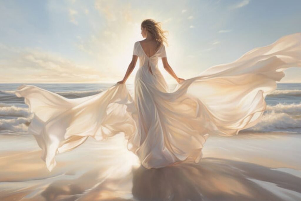Beach wedding bride with soft braids and flowing dress during a windy seaside ceremony. Beach Dresses