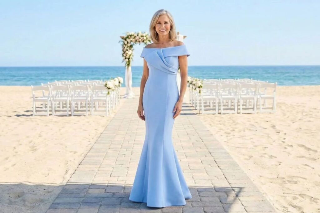 Minimalist beach wedding dress with sleek design beside a romantic ocean sunset. Beach Dresses