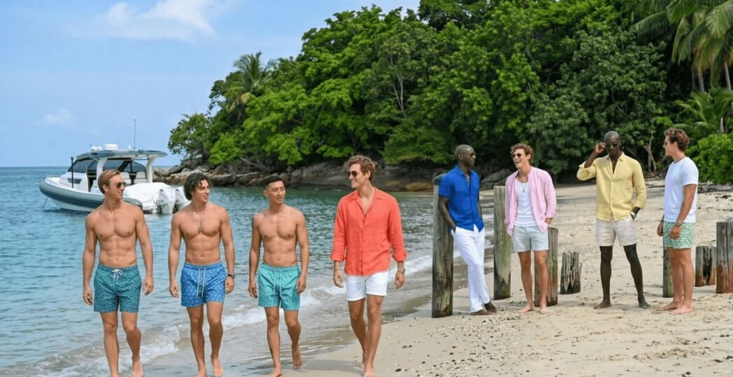 Beach Fashion Men showcasing stylish swim trunks, linen shirts, and resort wear while walking and socializing on a tropical beach near the shoreline and a boat.